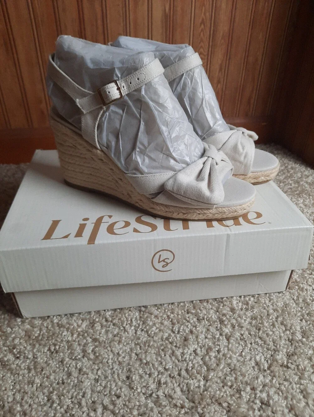 🛍 NIB Life Stride Tahlia Bone Canvas Ankle Strap Bow Espadrille Wedges Size 7
